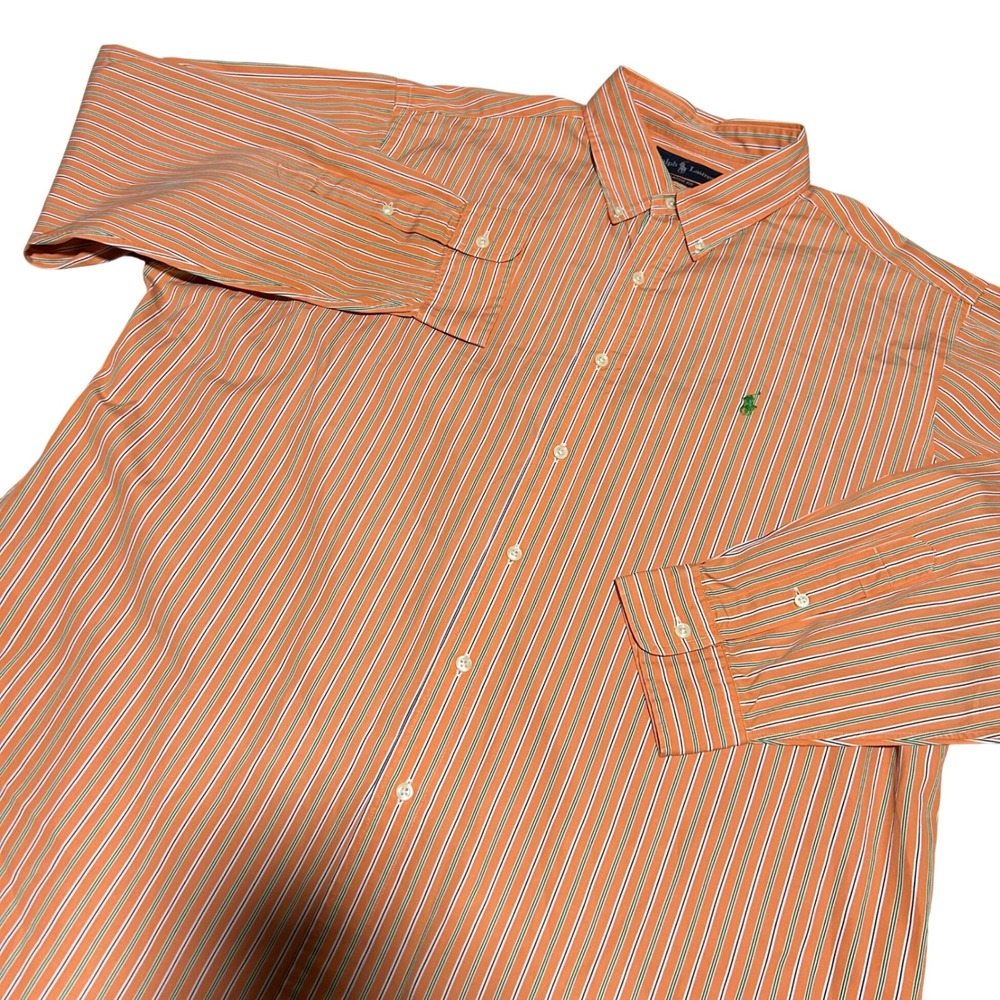 Ralph Lauren Button Down Shirt Mens XXL Orange Striped Classic Fit Long Sleeve
